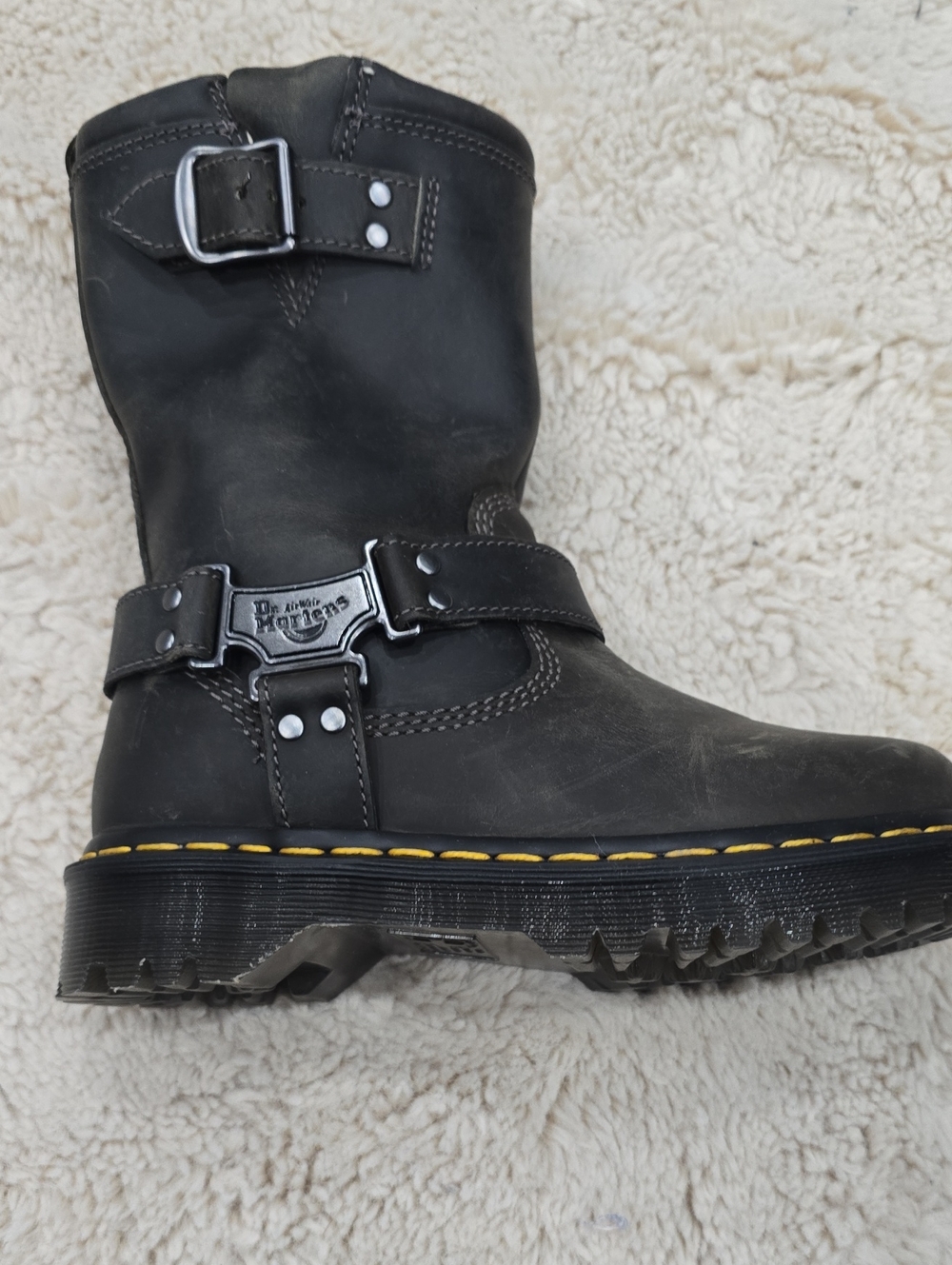 Dr. Martens Black Leather Harness Boot with Yellow Stitching